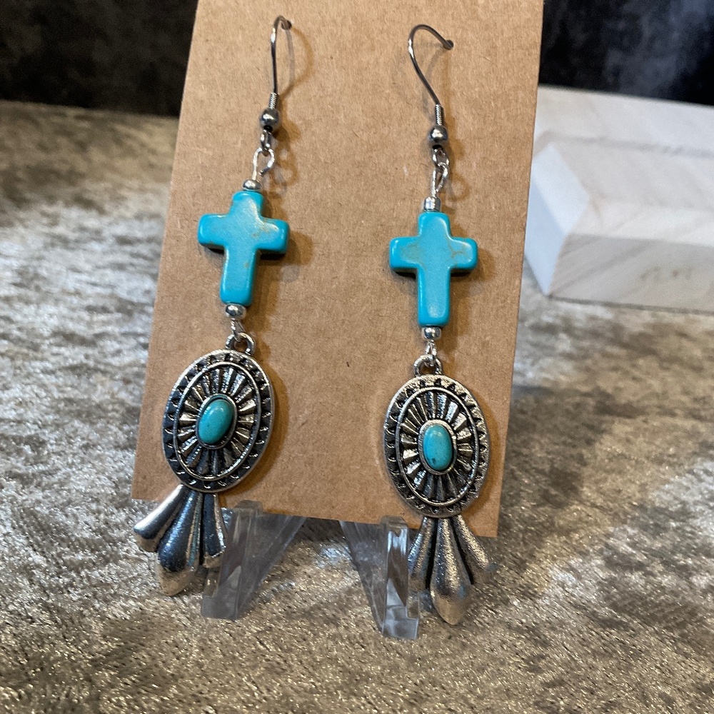 Faux Silver and Turquoise Cross Dangle Pierced Earrings